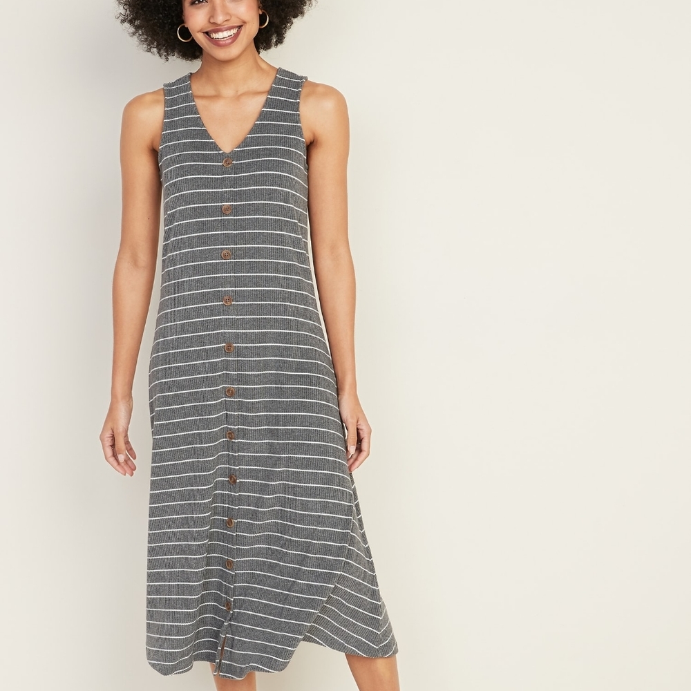 Knit striped sweater dress with buttons